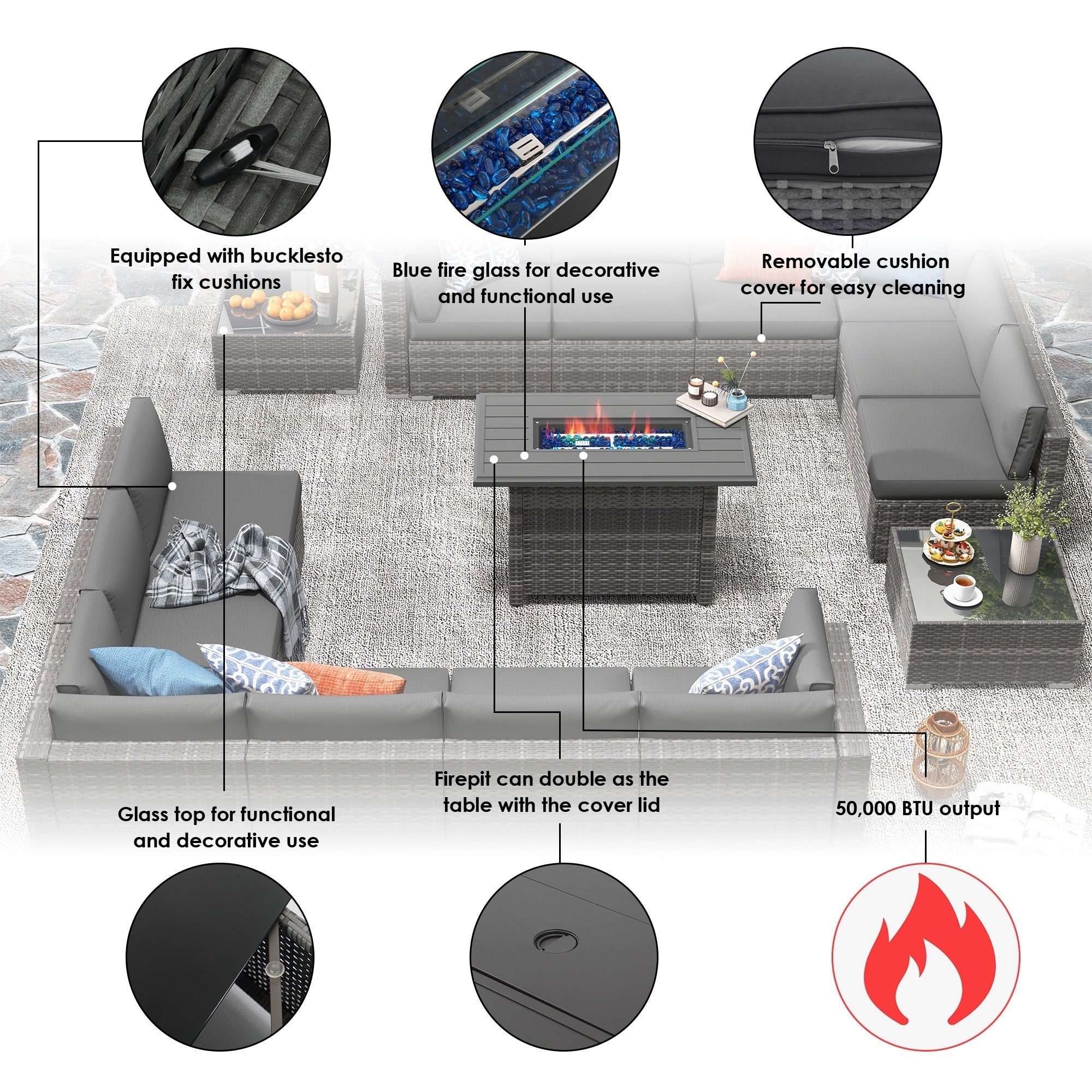 Ensemble de 15 meubles de patio en osier avec canapé, foyer et table