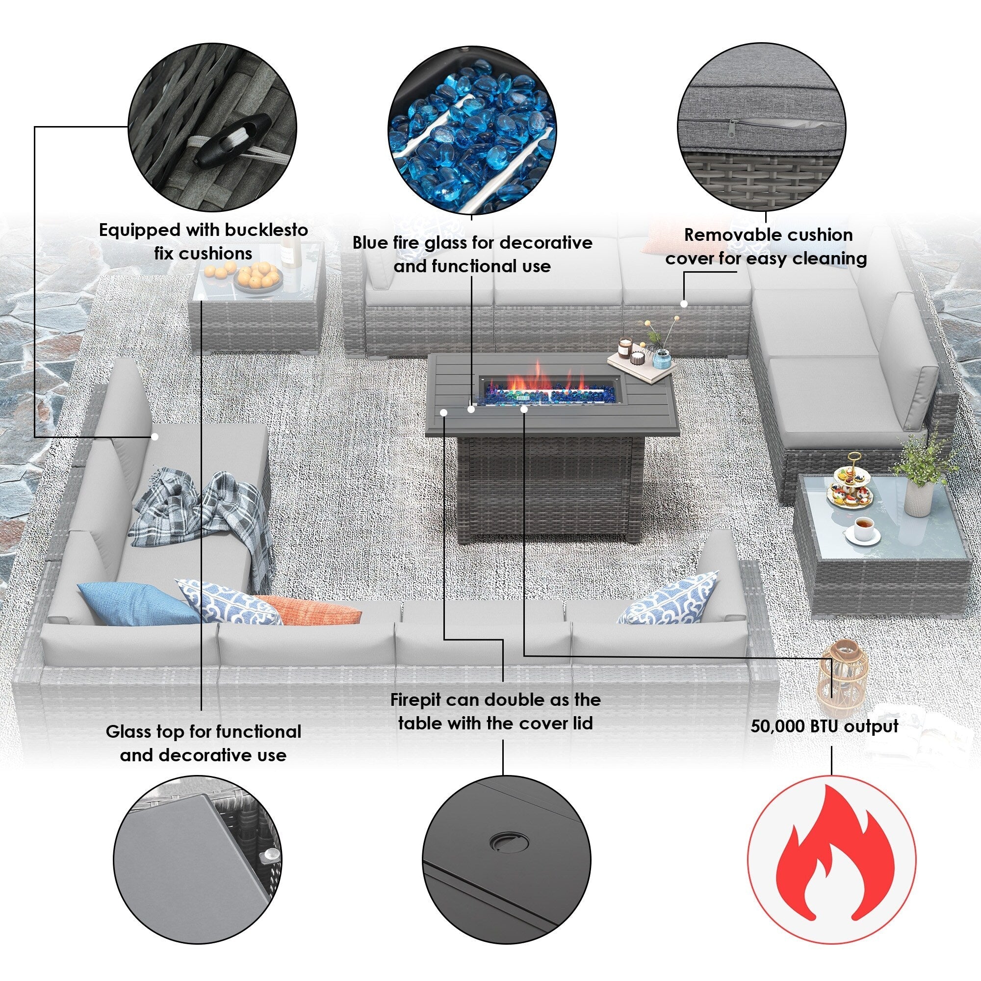 Ensemble de 15 meubles de patio en osier avec canapé, foyer et table