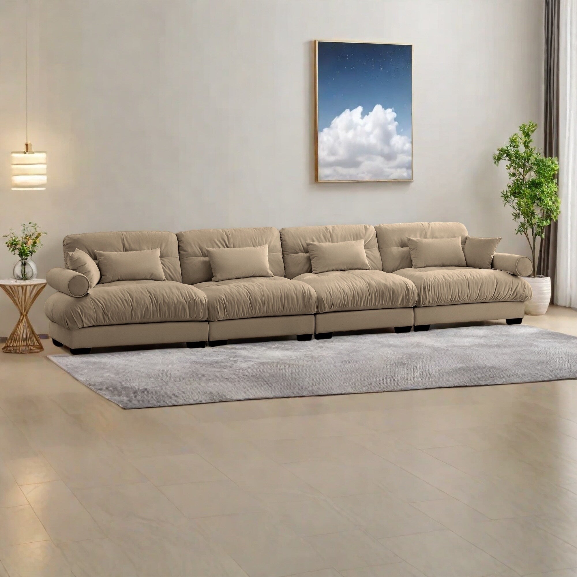 Canapé 4 places en velours 166 avec accoudoirs traversins et coussins en éponge haute résilience