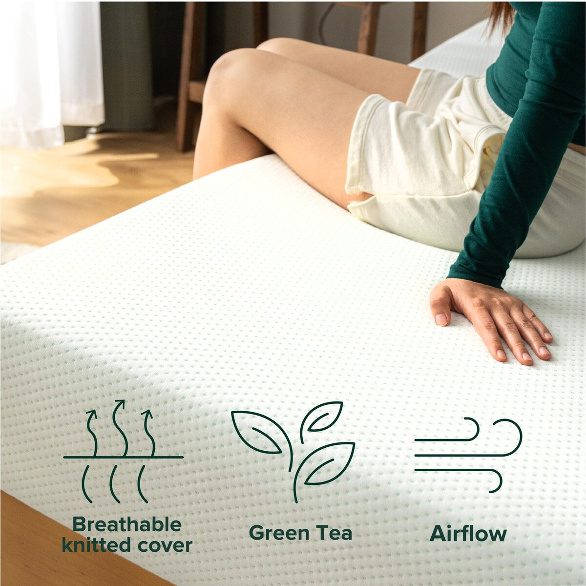 Matelas en mousse à mémoire de forme au thé vert 6 pouces, sans fibre de verre, support breveté sur mesure, base en mousse robuste, lit-en-boîte, très grand lit