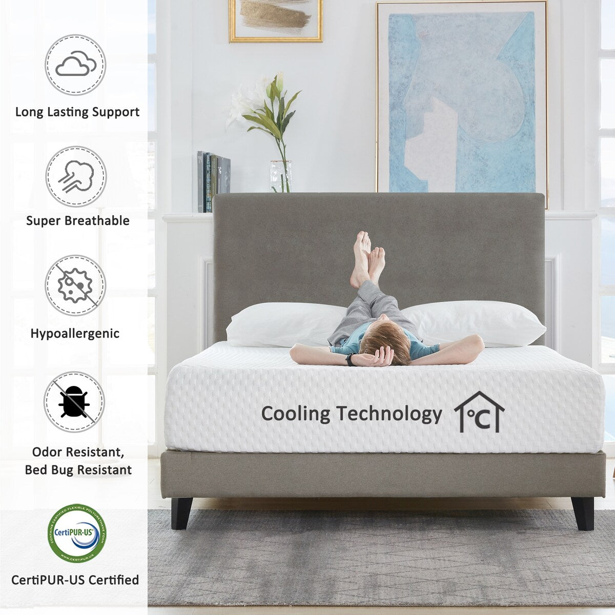 Matelas en mousse à mémoire de forme gel de 12 pouces pour un sommeil frais et un confort moyen