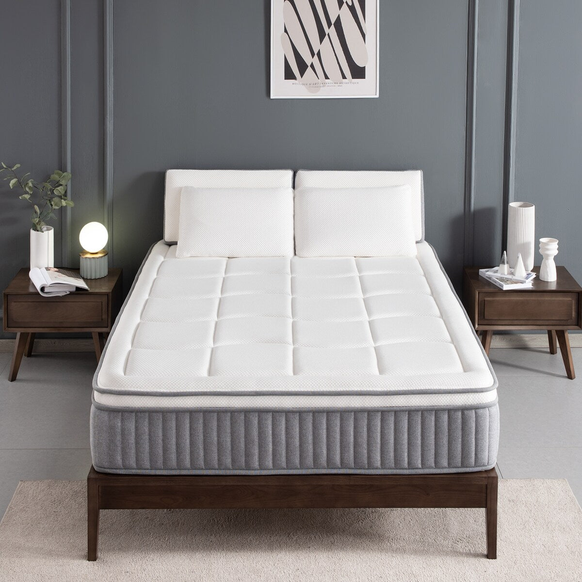Matelas hybride 12 pouces haut de gamme, mousse à mémoire de forme avec gel et ressorts ensachés, livré dans une boîte pour un sommeil frais, matelas à sensation moyenne