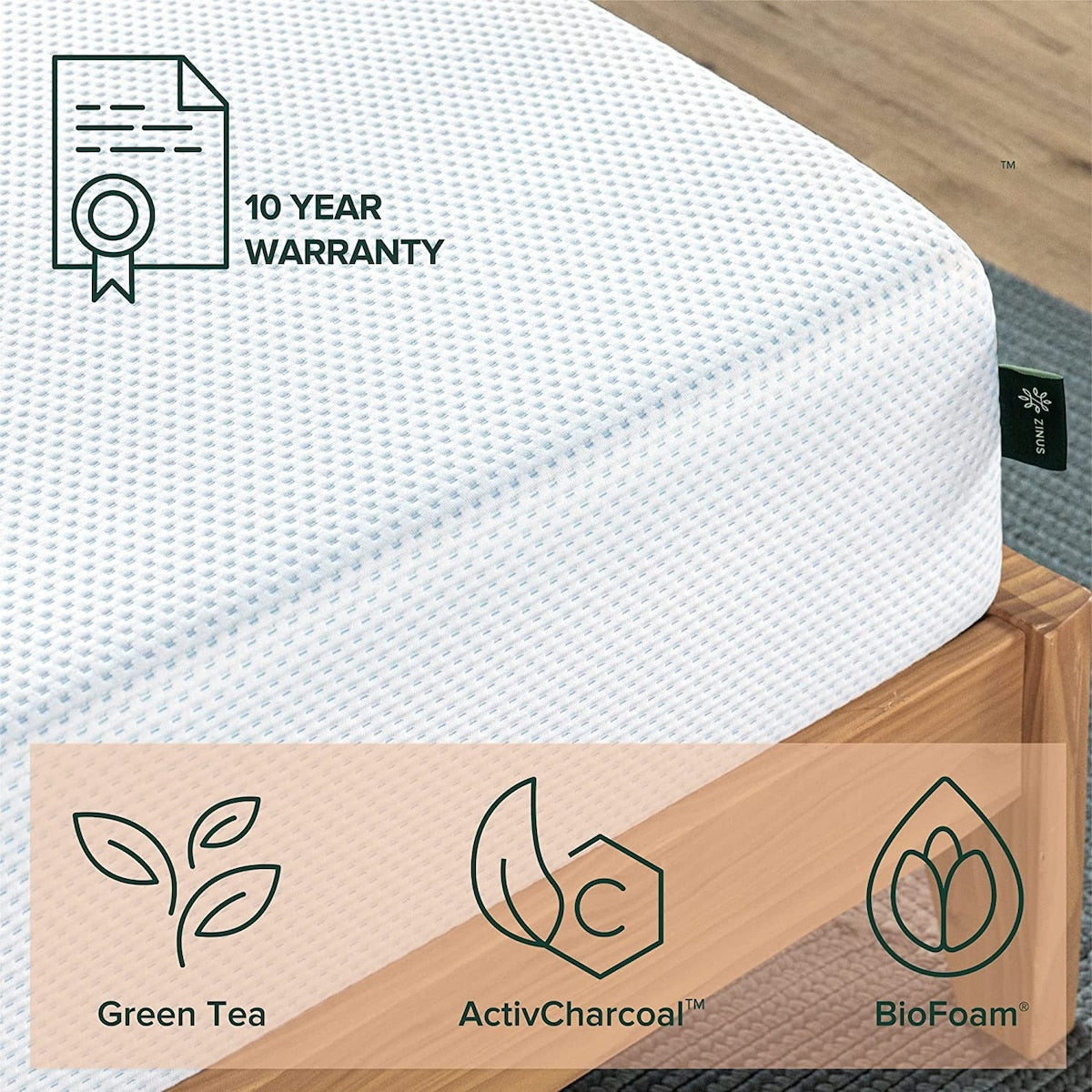 Matelas ZINUS 10 pouces en mousse à mémoire de forme au thé vert, gel rafraîchissant, soulageant la pression, certifié CertiPUR-US