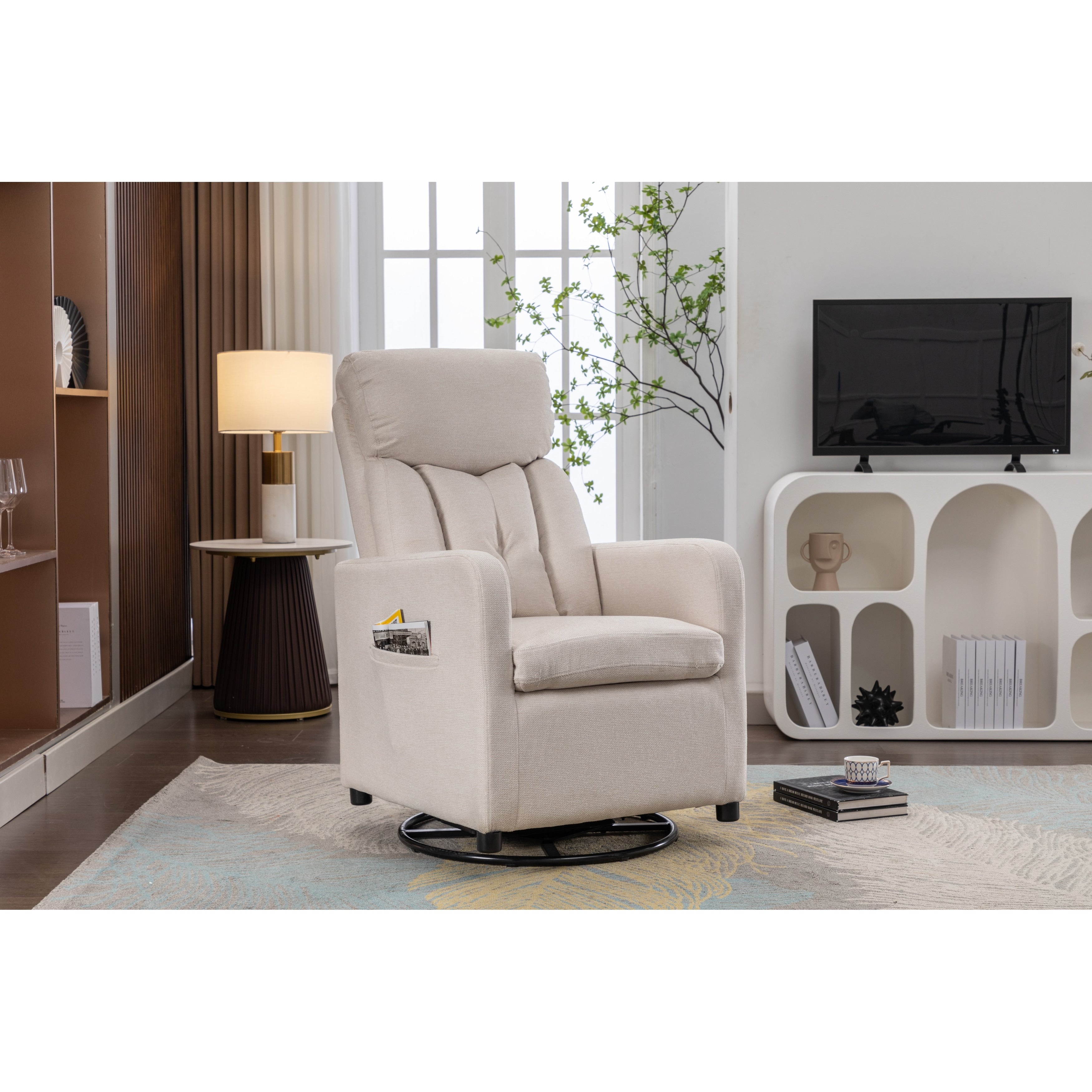 022-Fauteuil à bascule pivotant en tissu de lin Gilder Chair avec poche