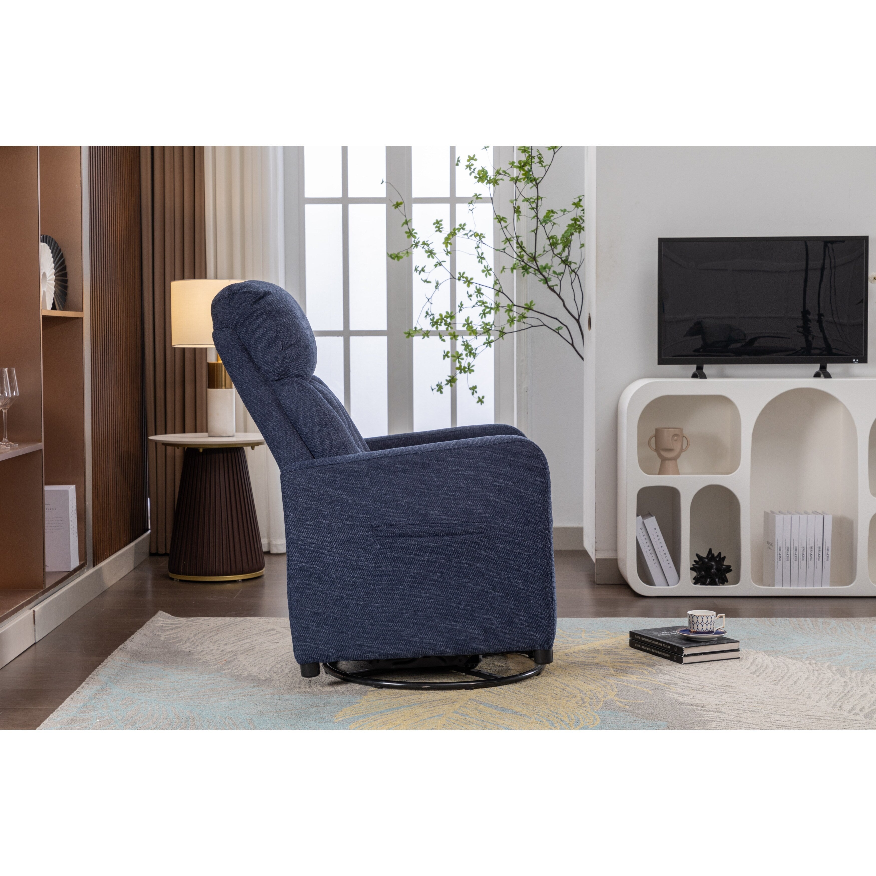 022-Fauteuil à bascule pivotant en tissu de lin Gilder Chair avec poche