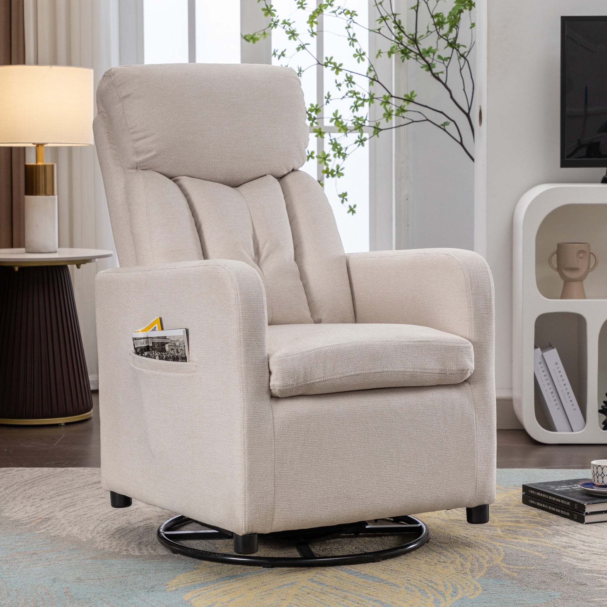 022-Fauteuil à bascule pivotant en tissu de lin Gilder Chair avec poche
