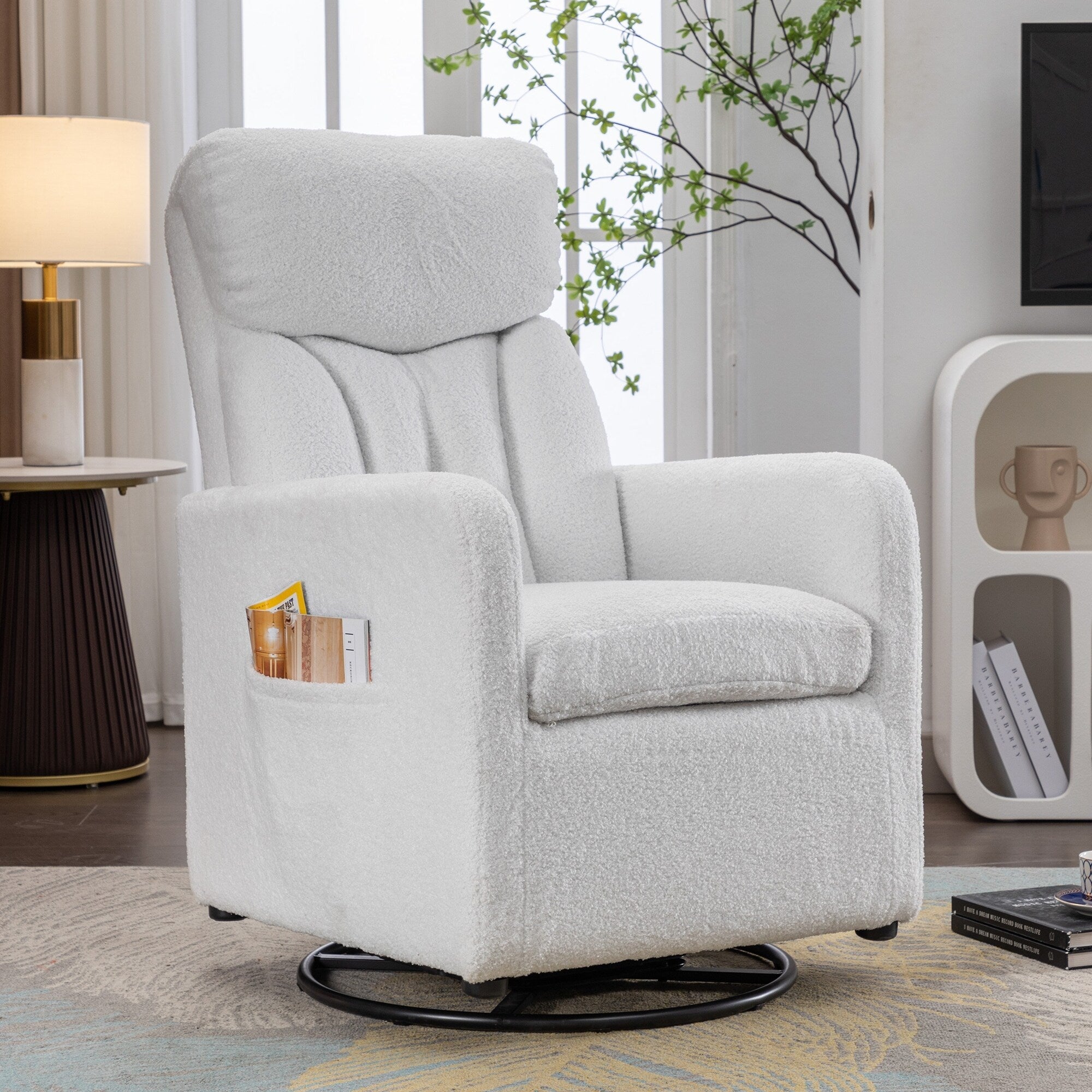 022-Fauteuil à bascule pivotant en tissu de lin Gilder Chair avec poche