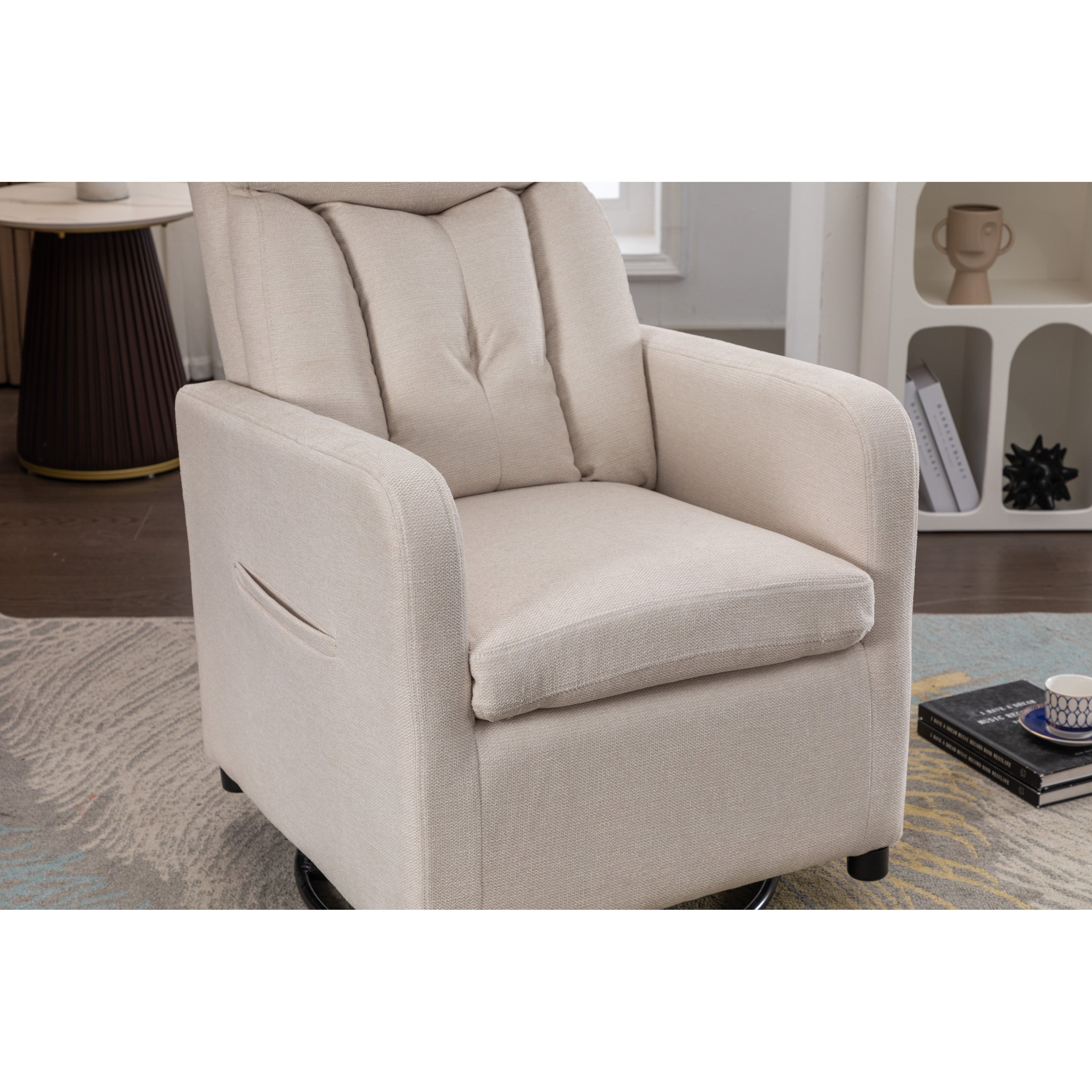 022-Fauteuil à bascule pivotant en tissu de lin Gilder Chair avec poche