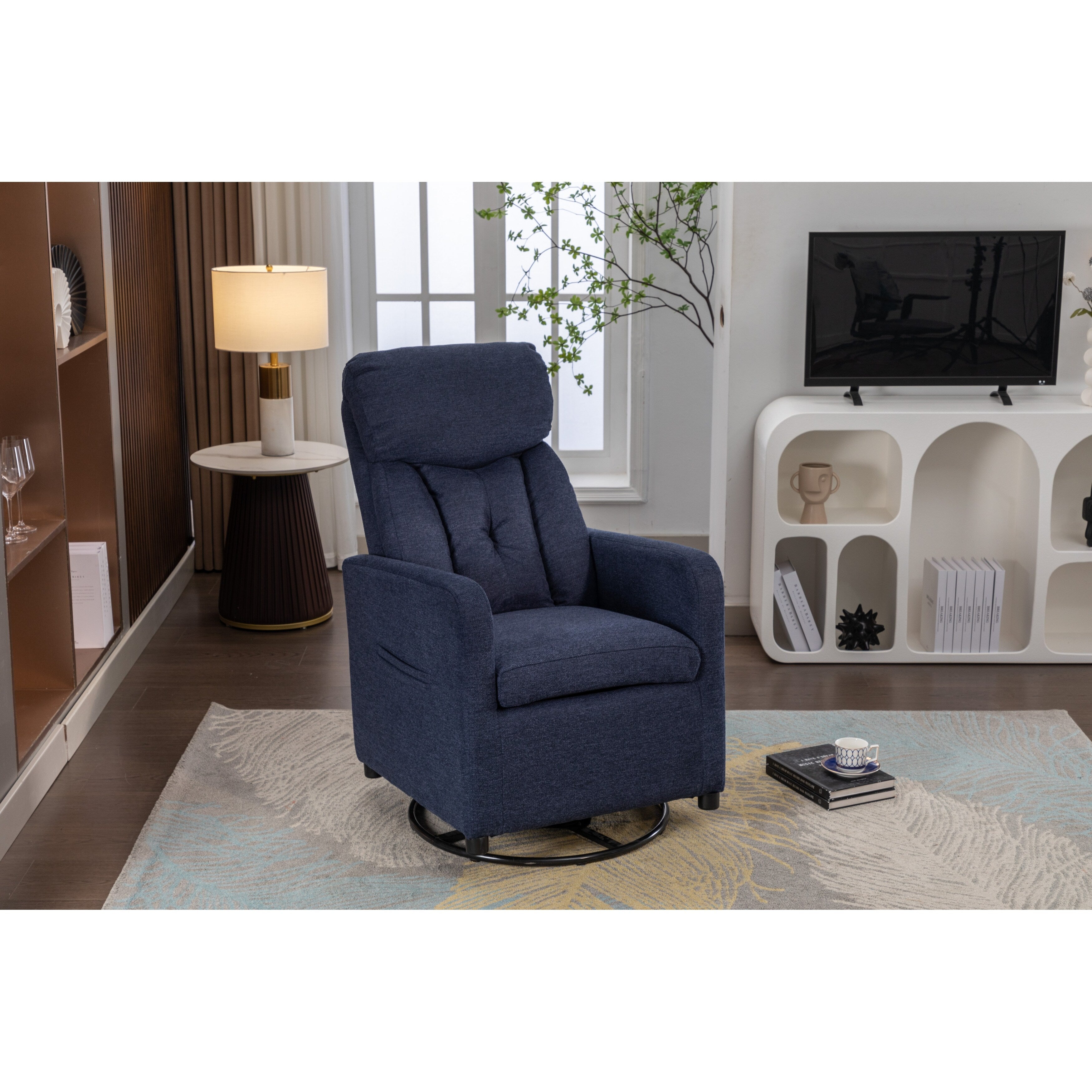 022-Fauteuil à bascule pivotant en tissu de lin Gilder Chair avec poche