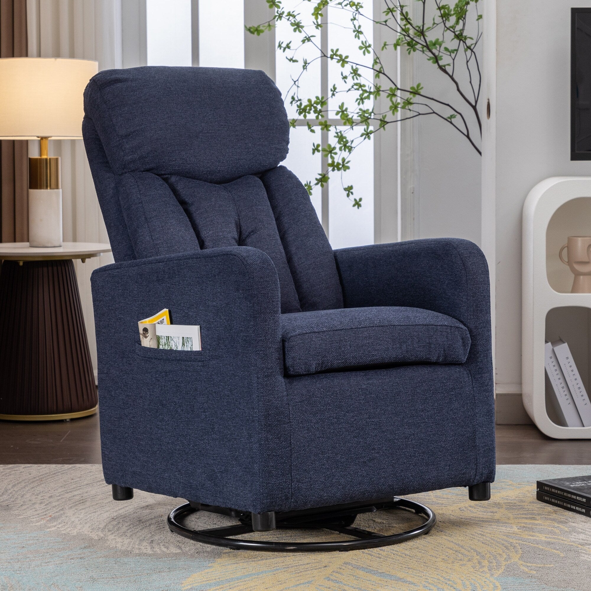022-Fauteuil à bascule pivotant en tissu de lin Gilder Chair avec poche