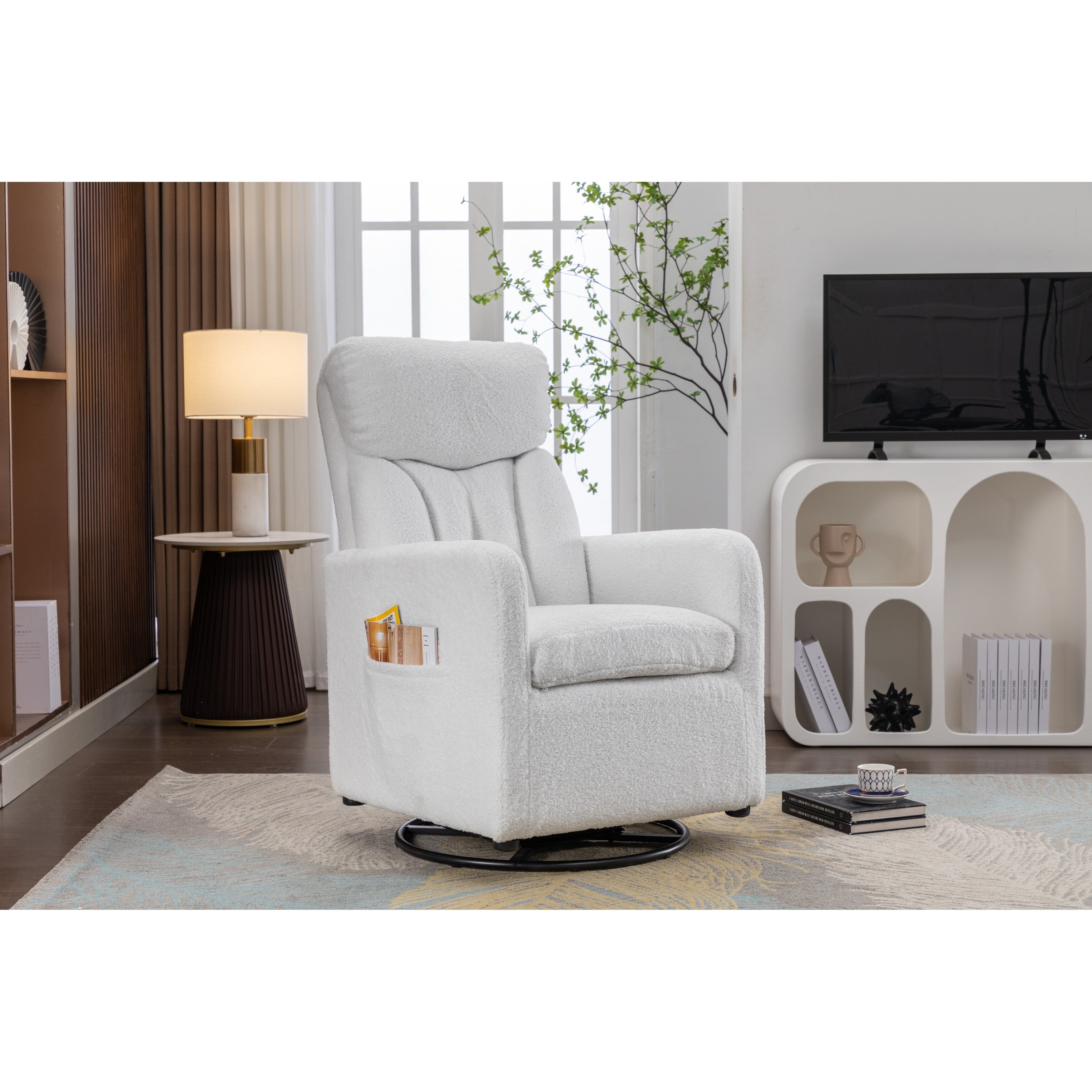 022-Fauteuil à bascule pivotant en tissu de lin Gilder Chair avec poche