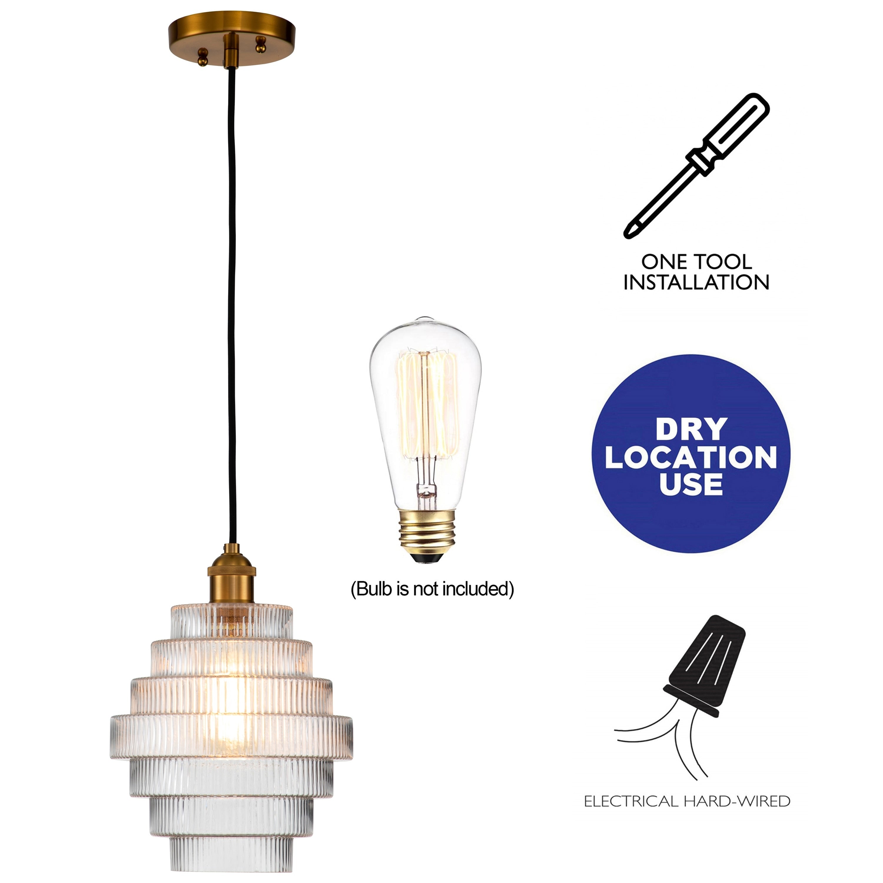 Suspension C Cattleya en laiton antique à 1 ampoule avec abat-jour en verre rayé - Laiton antique