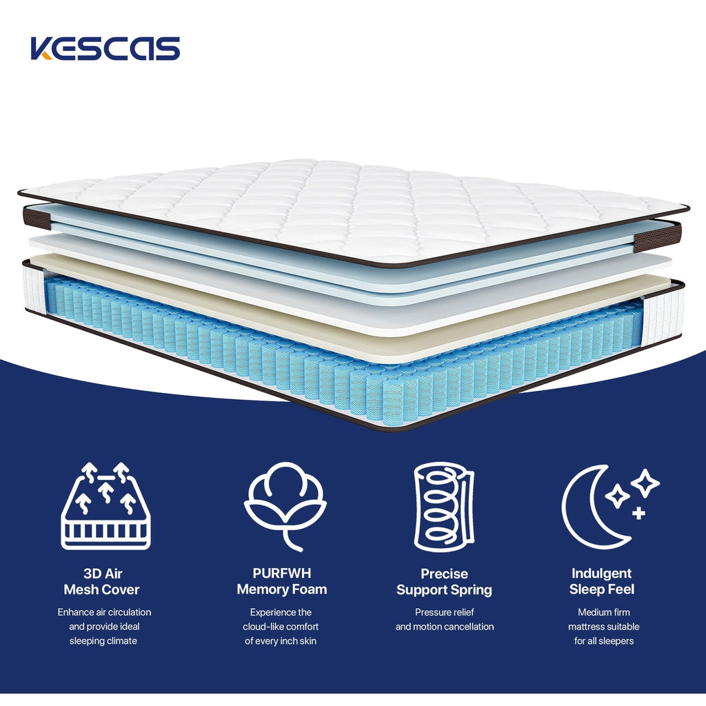 Matelas à plateau-coussin de 10 pouces pour lit simple, double ou queen size, matelas hybride en mousse à mémoire de forme et ressorts ensachés