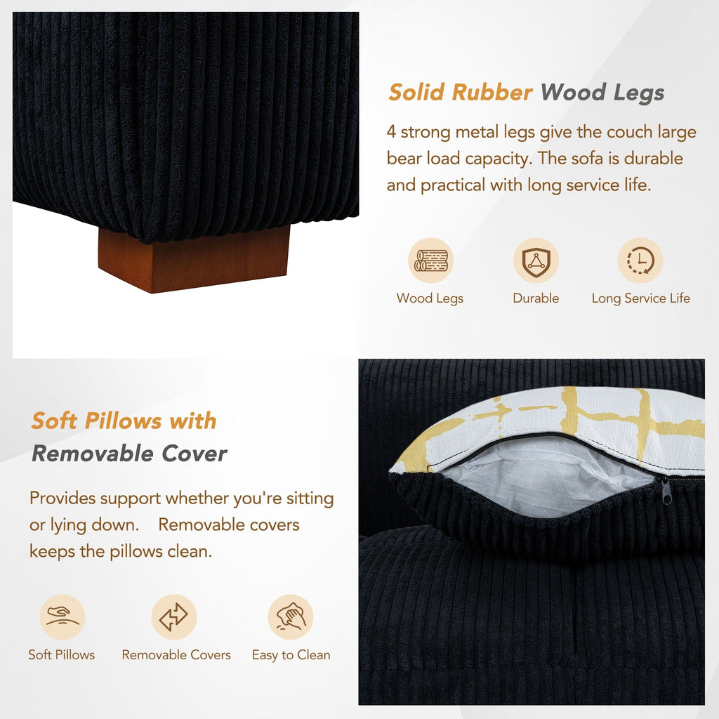 Canapé confortable en velours côtelé avec pieds et coussins en bois - 38,50 x 103,90 x 25,10