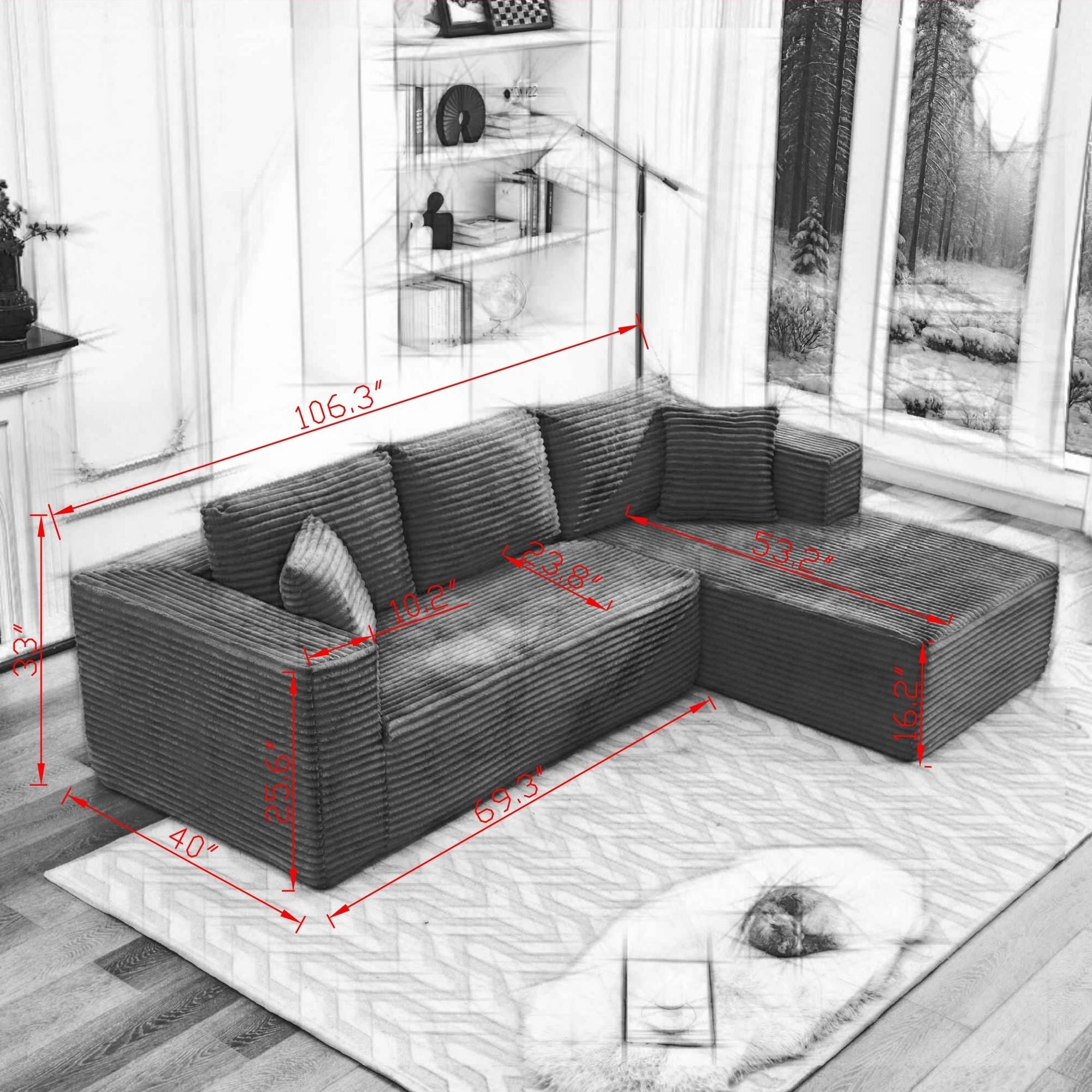 Canapé d'angle Cloud 106 en forme de L avec méridienne orientée vers la droite, canapé modulaire moderne à assise profonde pour salon, aucun assemblage requis