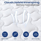 Matelas King Size 10 pouces, matelas hybride en mousse à mémoire de forme avec coton spatial pour un sommeil réparateur, matelas rafraîchissant avec un soutien renforcé