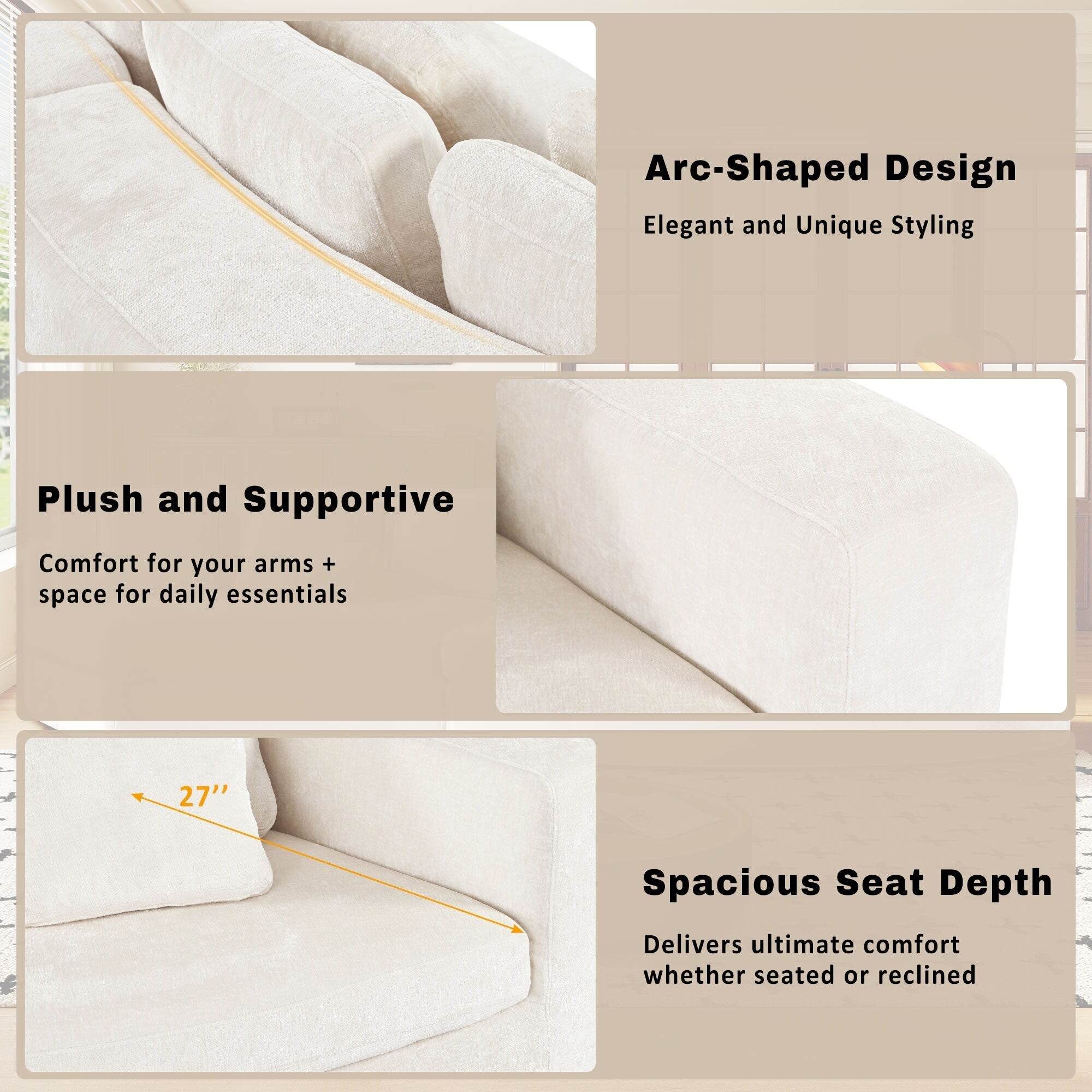 Canapé modulaire 115.7 Pure Foam, ensemble de 2 pièces avec 5 coussins, 4 places, tissu chenille jacquard, design incurvé