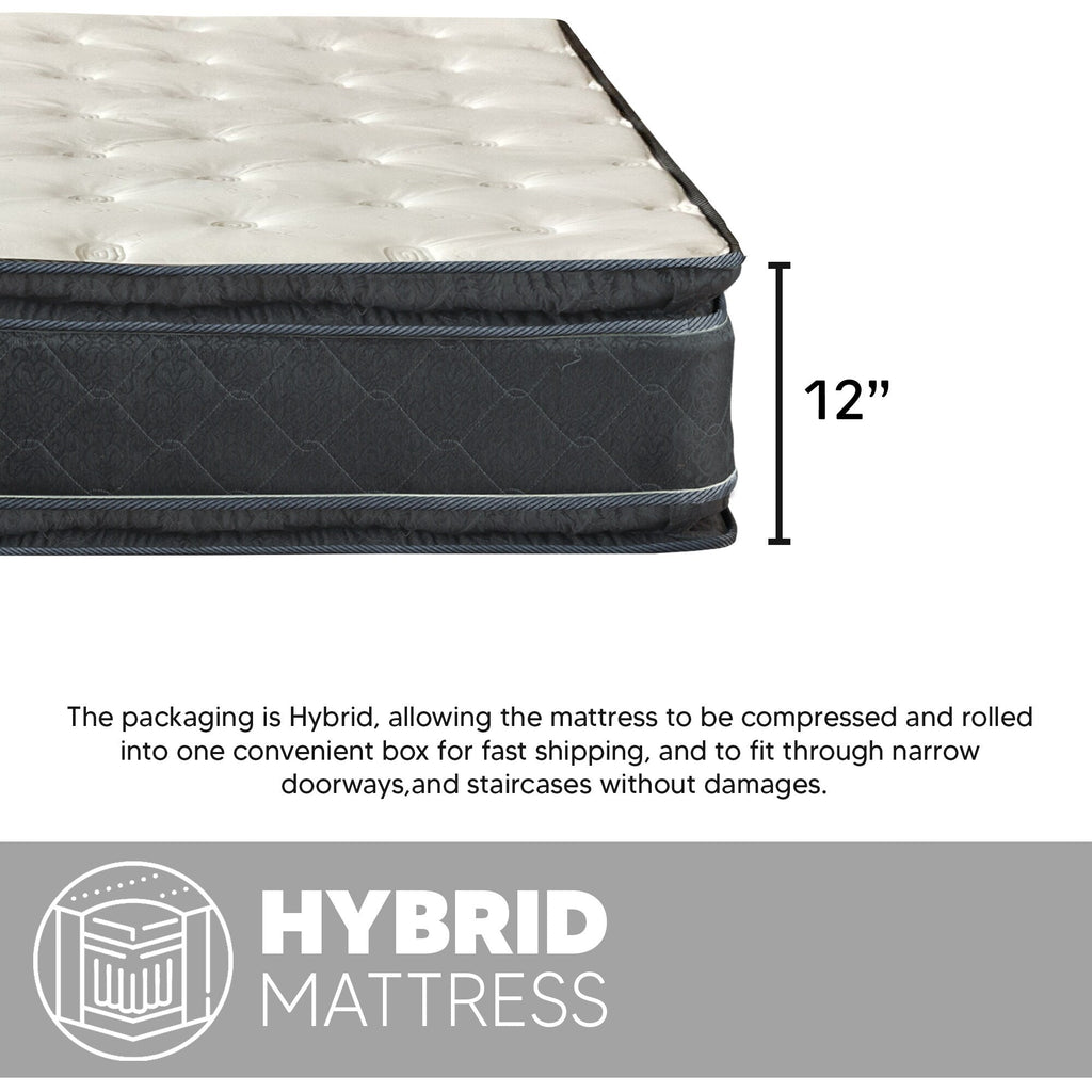 Matelas hybride à ressorts ensachés, fermeté moyenne, 12 pouces, avec plateau-coussin, isolation des mouvements et soutien durable, lit dans une boîte