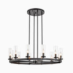 Lustre à 12 lumières en forme de roue de chariot, style moderne du milieu du siècle, en verre transparent, doré/noir, grand modèle