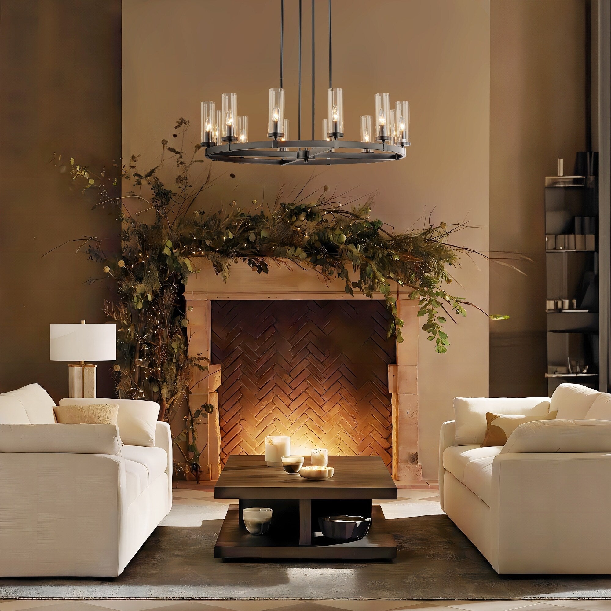 Lustre à 12 lumières en forme de roue de chariot, style moderne du milieu du siècle, en verre transparent, doré/noir, grand modèle