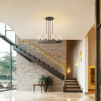 Lustre à 12 lumières en forme de roue de chariot, style moderne du milieu du siècle, en verre transparent, doré/noir, grand modèle