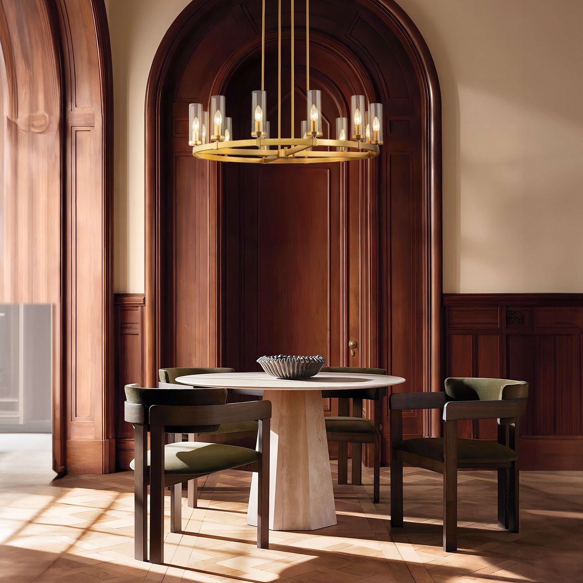 Lustre à 12 lumières en forme de roue de chariot, style moderne du milieu du siècle, en verre transparent, doré/noir, grand modèle