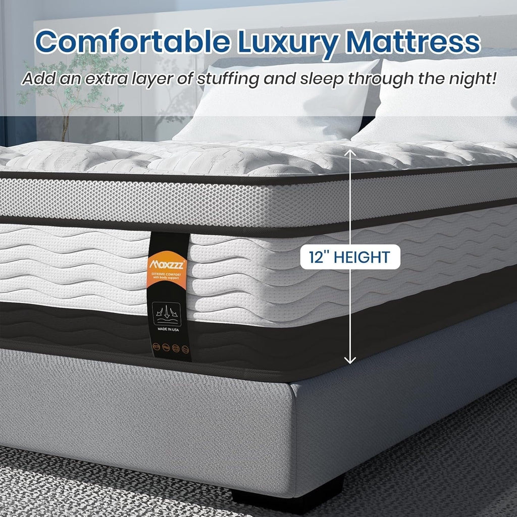Matelas hybride King size de 12 pouces dans une boîte, mousse à mémoire de forme infusée de gel rafraîchissant et matelas à ressorts ensachés, fermeté moyenne, 76 x 80 pouces