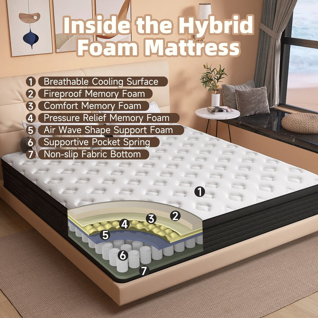 Matelas hybride double en mousse à mémoire de forme de 12 pouces, format moyen, livré dans une boîte