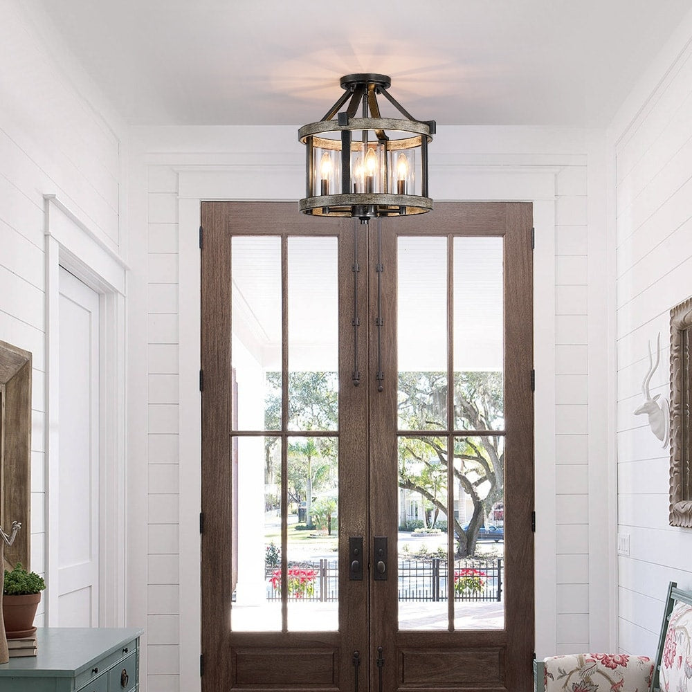 Plafonnier semi-encastré de style campagnard moderne, 4 lumières, 12,5 po, en fer naturel et imitation bois vieilli - 12,5 W