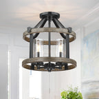 Plafonnier semi-encastré de style campagnard moderne, 4 lumières, 12,5 po, en fer naturel et imitation bois vieilli - 12,5 W