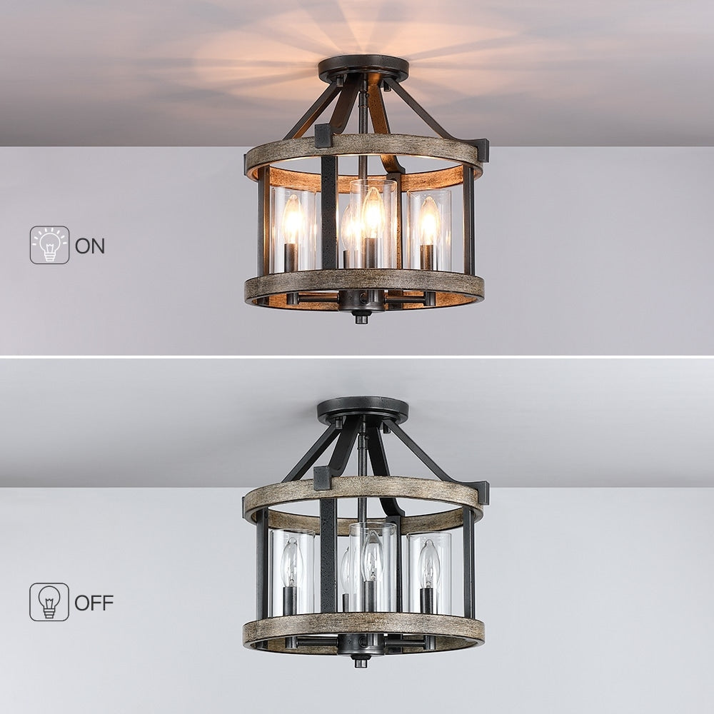 Plafonnier semi-encastré de style campagnard moderne, 4 lumières, 12,5 po, en fer naturel et imitation bois vieilli - 12,5 W