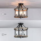 Plafonnier semi-encastré de style campagnard moderne, 4 lumières, 12,5 po, en fer naturel et imitation bois vieilli - 12,5 W