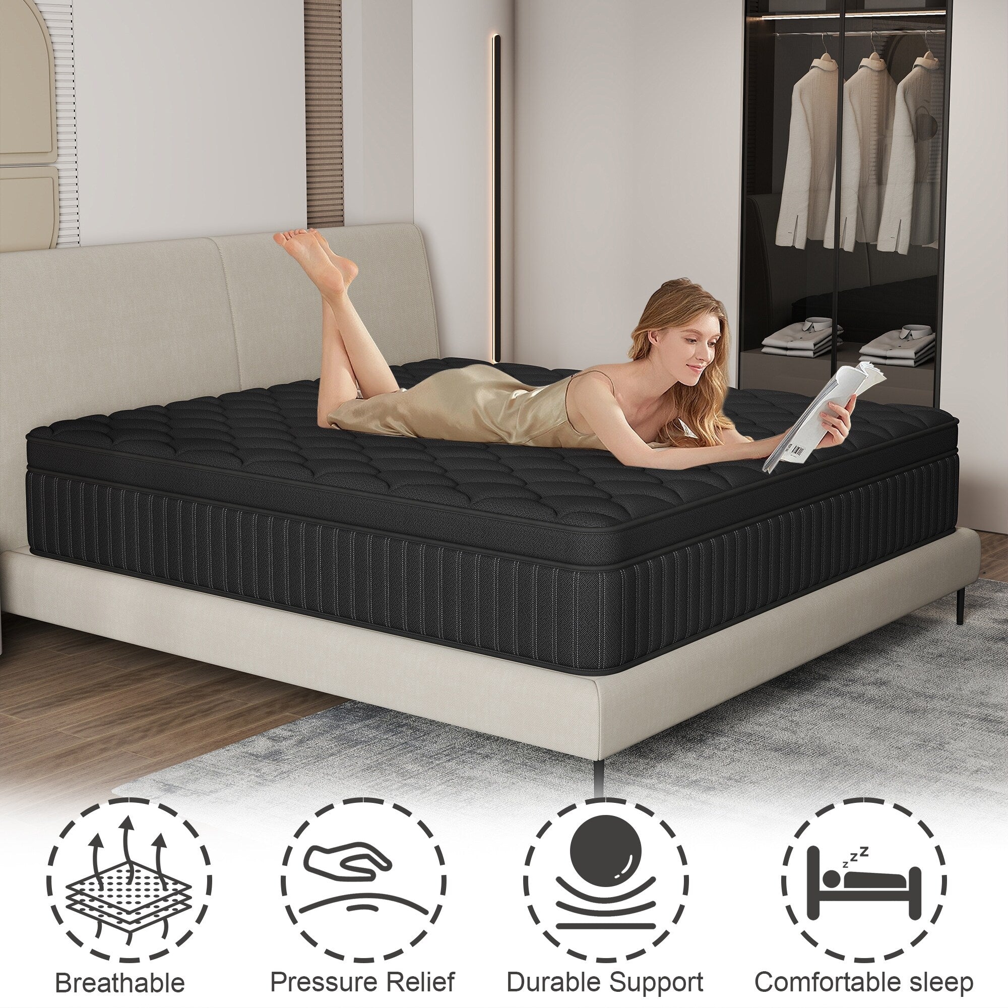 Matelas hybride à ressorts ensachés de taille moyenne, 12 pièces, dans une boîte