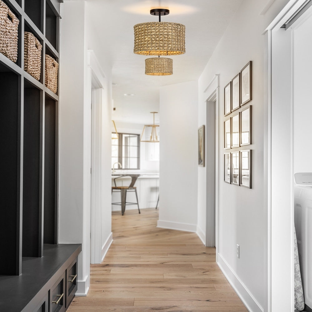 Plafonnier semi-encastré à 2 lumières en rotin naturel avec auvent noir - Noir/terre - Noir/paille - 34,5 cm de largeur