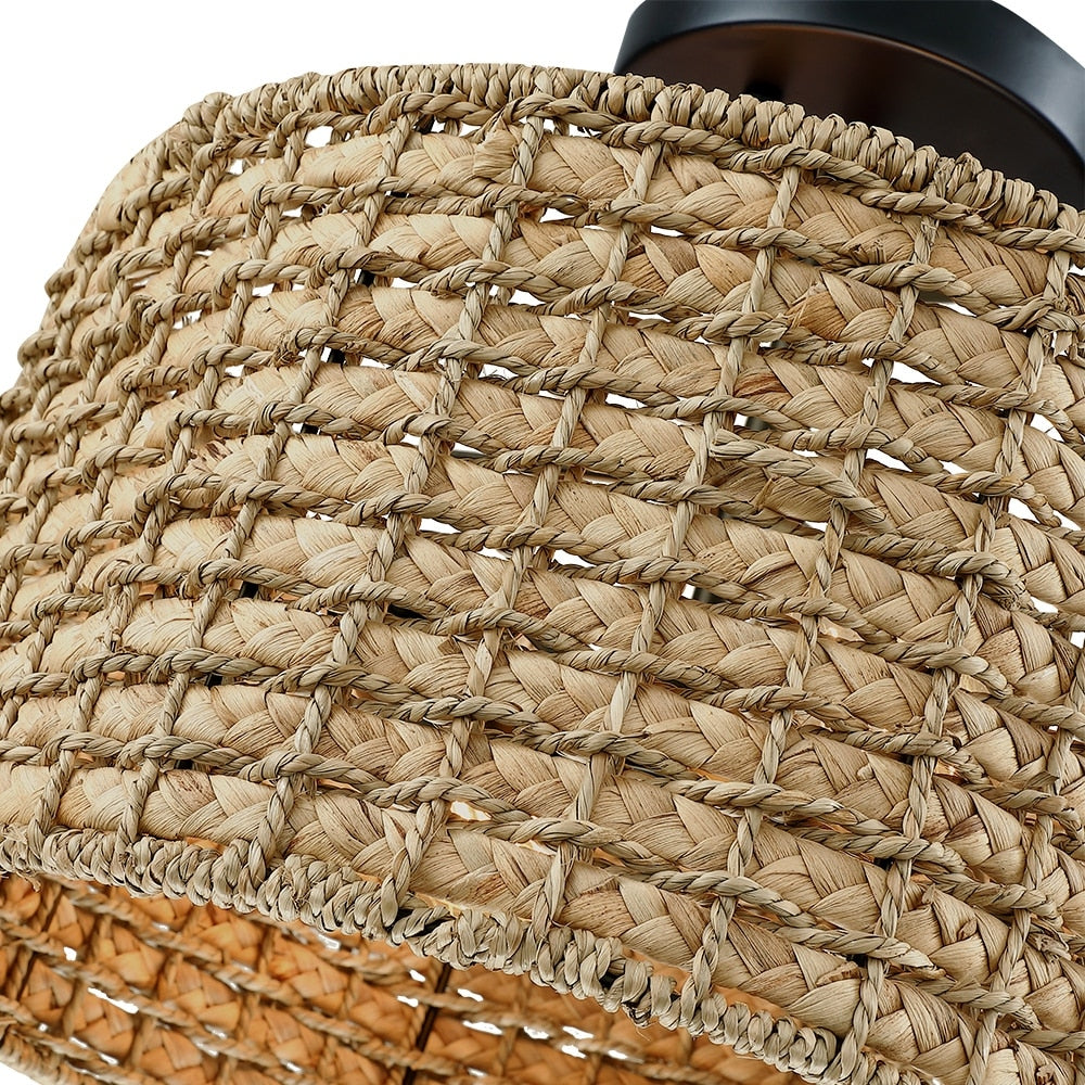 Plafonnier semi-encastré à 2 lumières en rotin naturel avec auvent noir - Noir/terre - Noir/paille - 34,5 cm de largeur