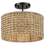 Plafonnier semi-encastré à 2 lumières en rotin naturel avec auvent noir - Noir/terre - Noir/paille - 34,5 cm de largeur