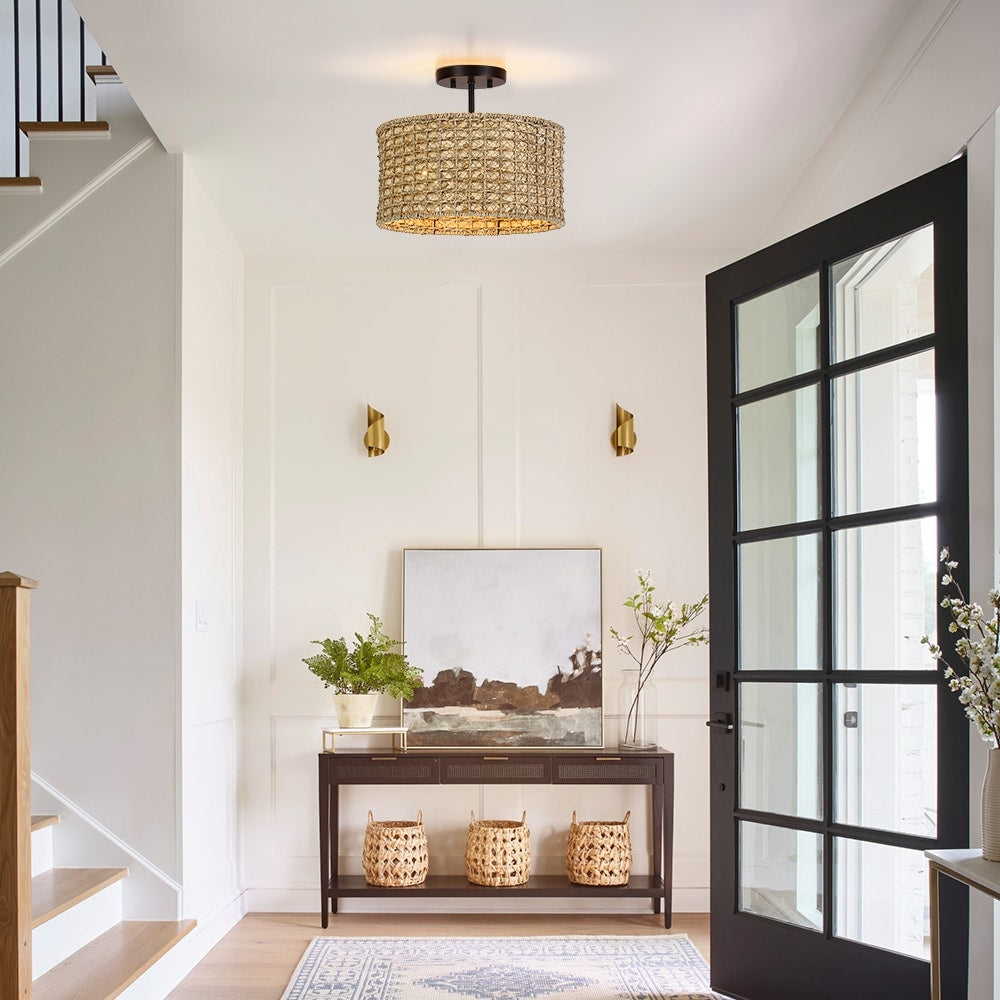 Plafonnier semi-encastré à 2 lumières en rotin naturel avec auvent noir - Noir/terre - Noir/paille - 34,5 cm de largeur