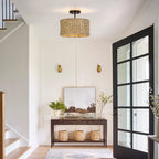 Plafonnier semi-encastré à 2 lumières en rotin naturel avec auvent noir - Noir/terre - Noir/paille - 34,5 cm de largeur