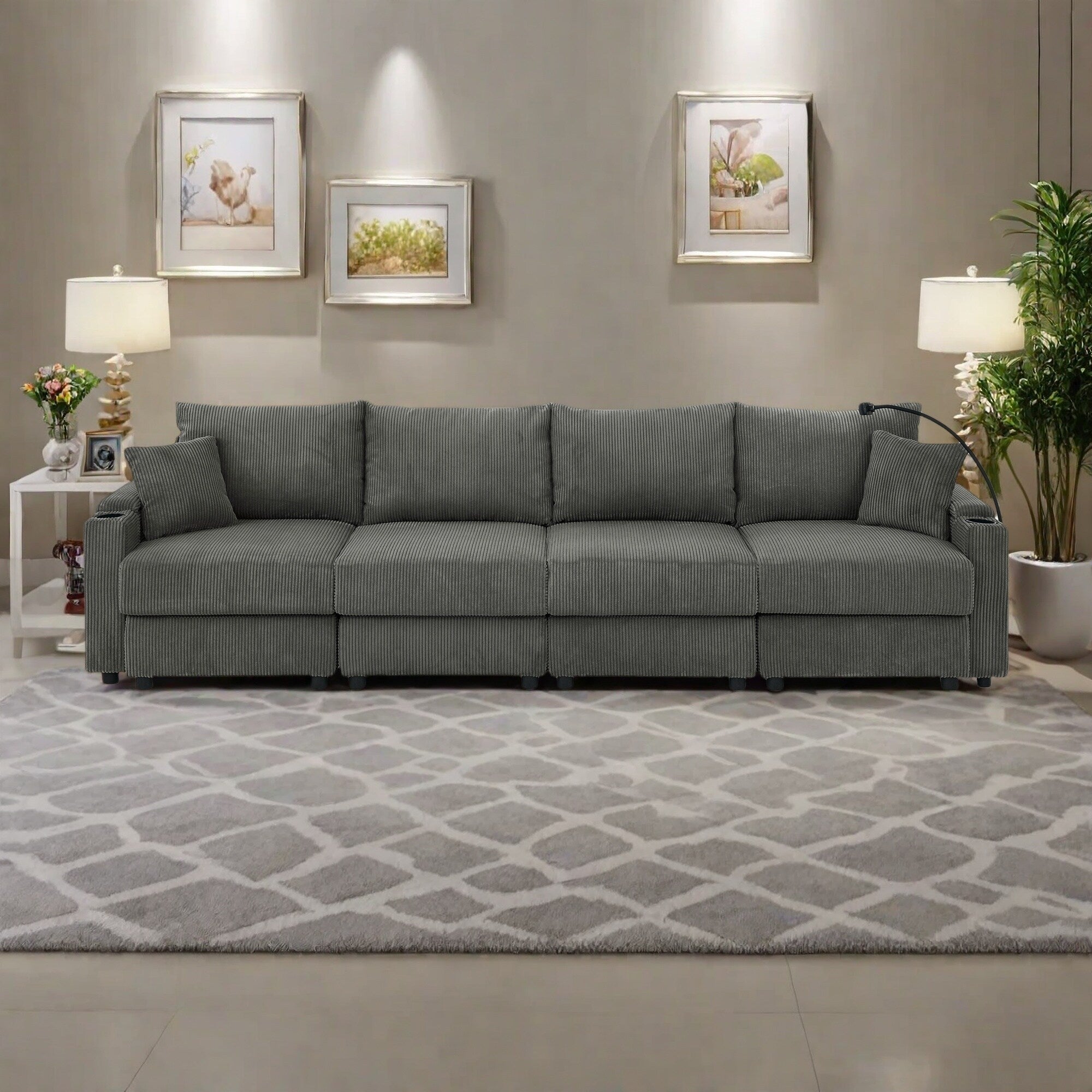 Canapé 5 places en velours côtelé 132 avec porte-gobelets et support pour téléphone, coussins haute densité