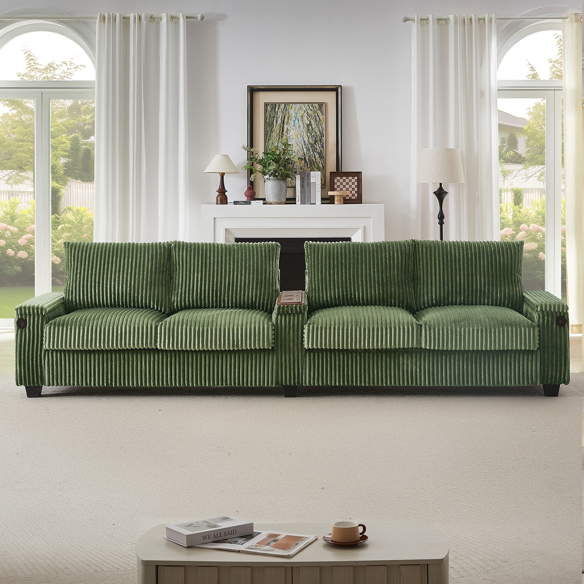 Canapé 4 places en velours côtelé 133 - Canapé de rangement moderne avec ports USB et porte-gobelets rabattables