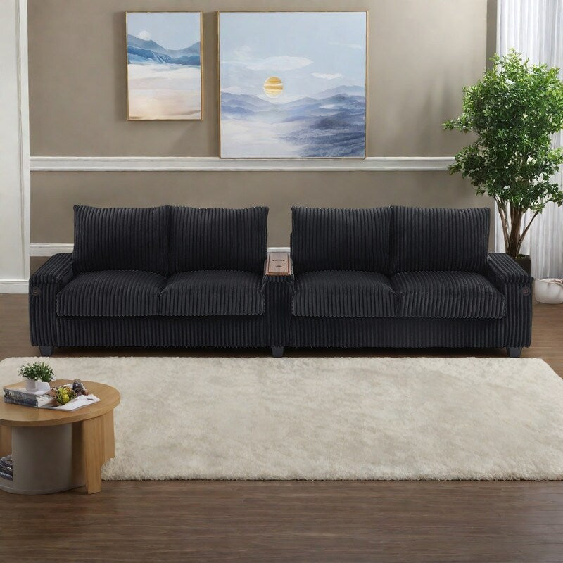 Canapé 4 places en velours côtelé 133 avec ports USB, porte-gobelets rabattables et rangement dissimulé