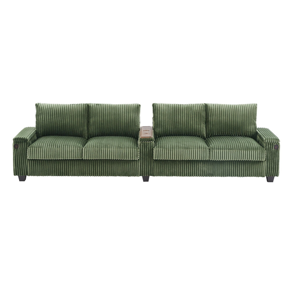 Canapé 4 places en velours côtelé 133 avec ports USB, porte-gobelets rabattables et rangement dissimulé