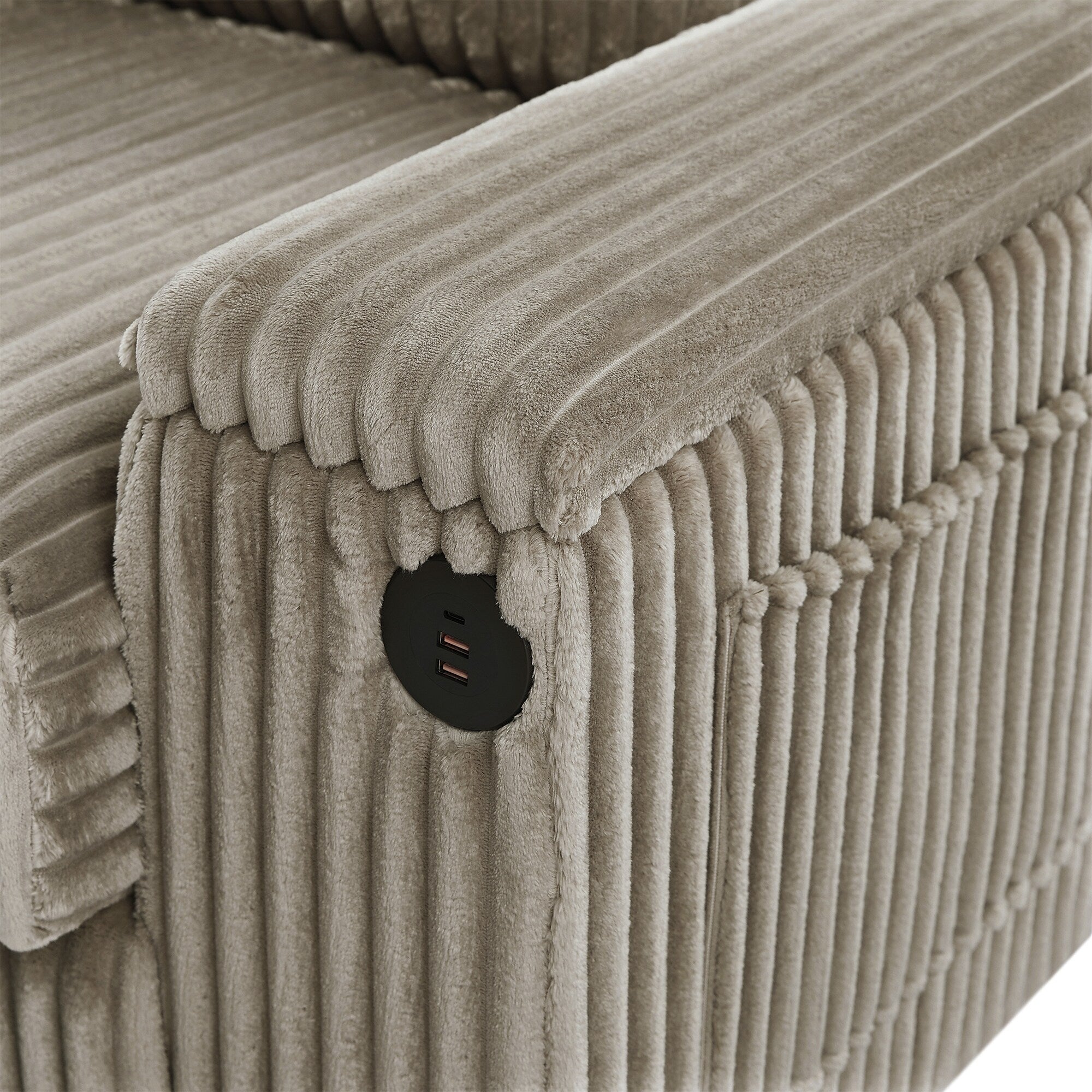 Canapé 4 places en velours côtelé 133 avec ports USB, porte-gobelets rabattables et rangement dissimulé