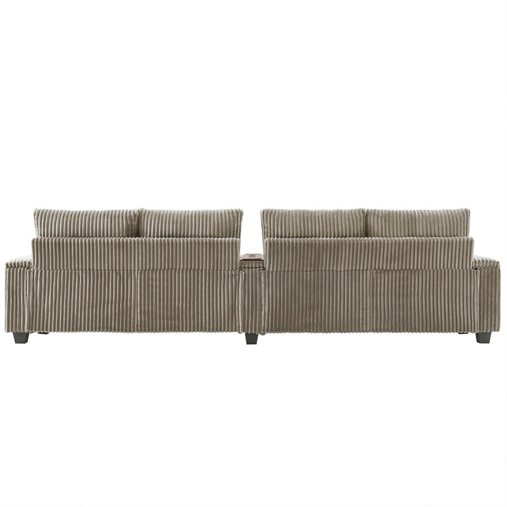 Canapé 4 places en velours côtelé 133 avec ports USB, porte-gobelets rabattables et rangement dissimulé