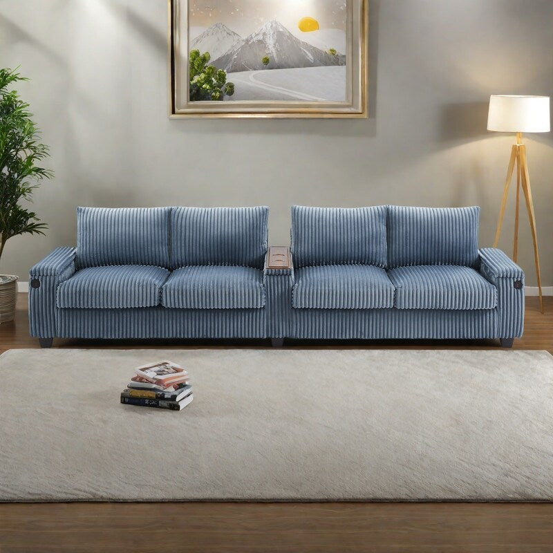 Canapé 4 places en velours côtelé 133 avec ports USB, porte-gobelets rabattables et rangement dissimulé