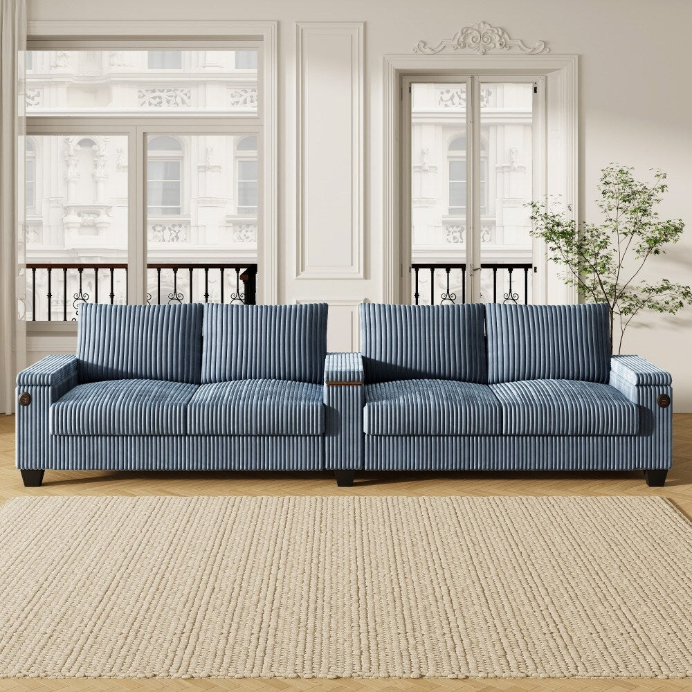 Canapé-lit 4 places moderne en velours côtelé avec ports USB et porte-gobelets rabattables