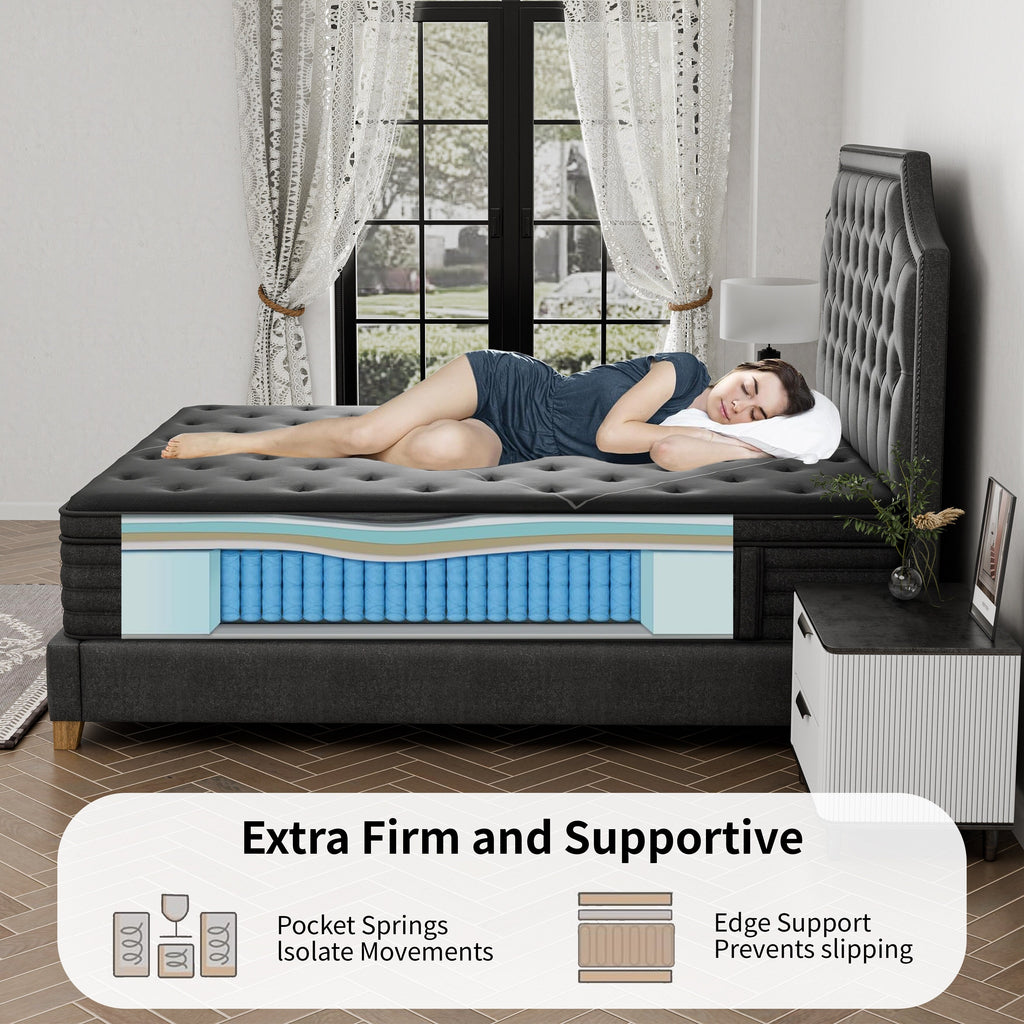 Matelas hybride extra ferme de 14 pouces avec refroidissement et isolation des mouvements