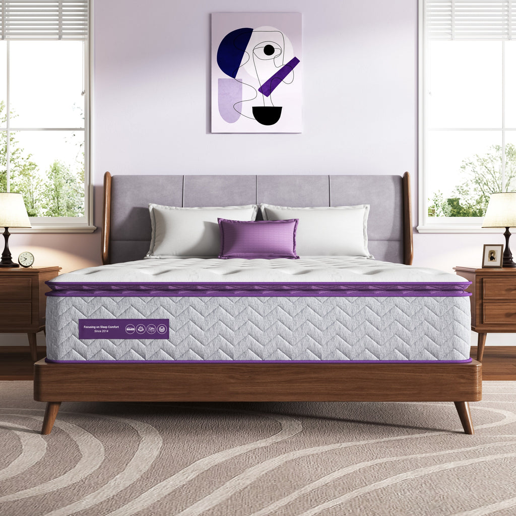 Matelas hybride Queen et King de 14 pouces avec plateau-coussin, support de bord à ressorts, respirant et doux pour la peau, faible transfert de mouvement