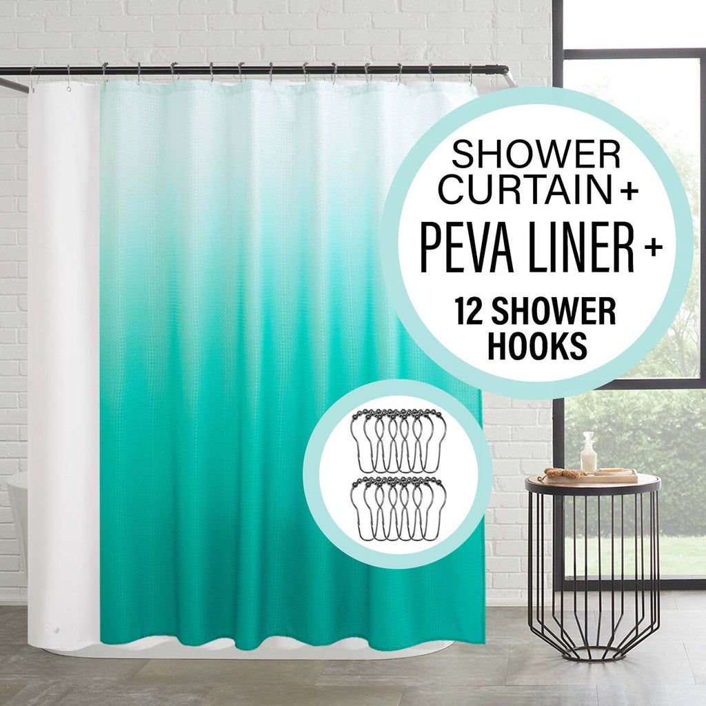 Ensemble de bain/douche 14 pièces : rideau de douche ombré, crochets et doublure PEVA