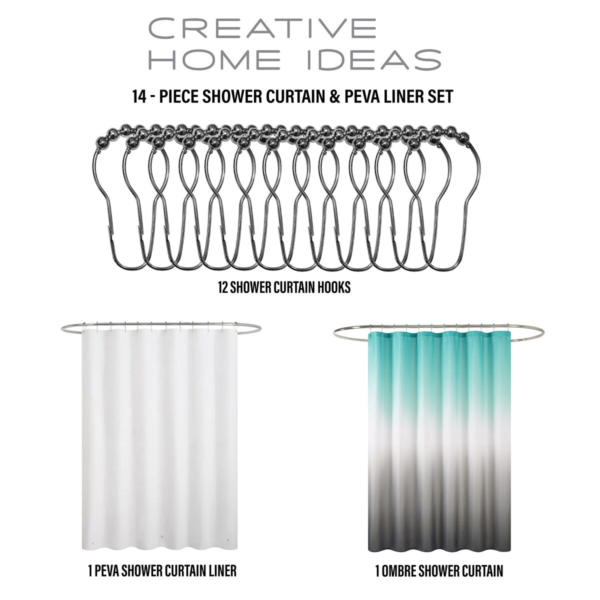 Ensemble de bain/douche 14 pièces : rideau de douche ombré, crochets et doublure PEVA